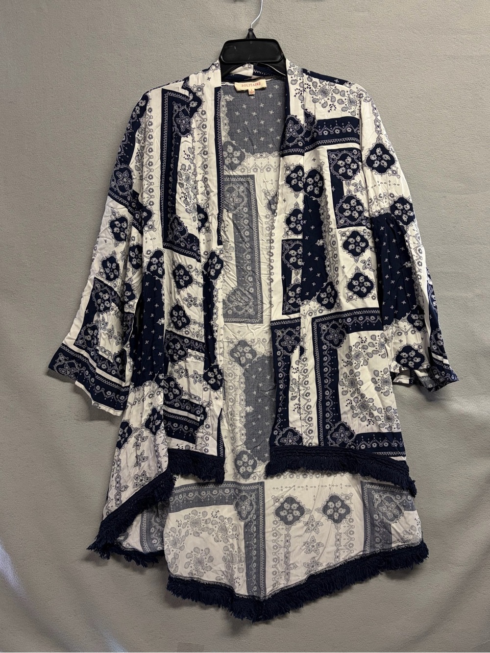 Solitaire Navy White Patchwork Bandana Fringe Kimono Large